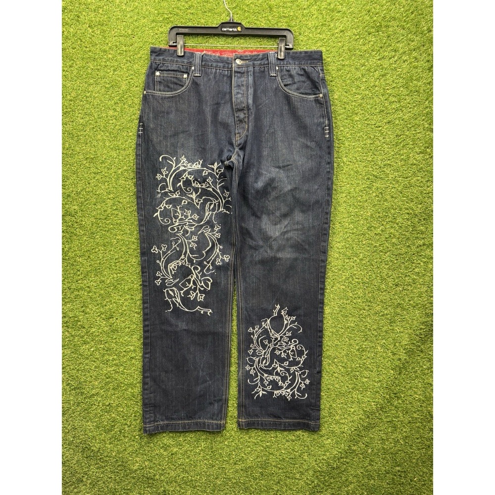 Vintage Crown Holder Baggy Jeans Mens 38 Loose Wide Leg Dark Wash Denim Button